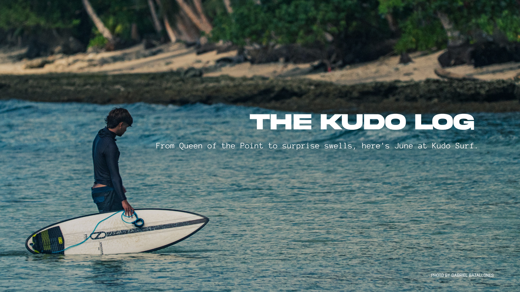 Surfer carrying a surfboard along the shoreline in Siargao, featured on The Kudo Log June 2026 blog banner.