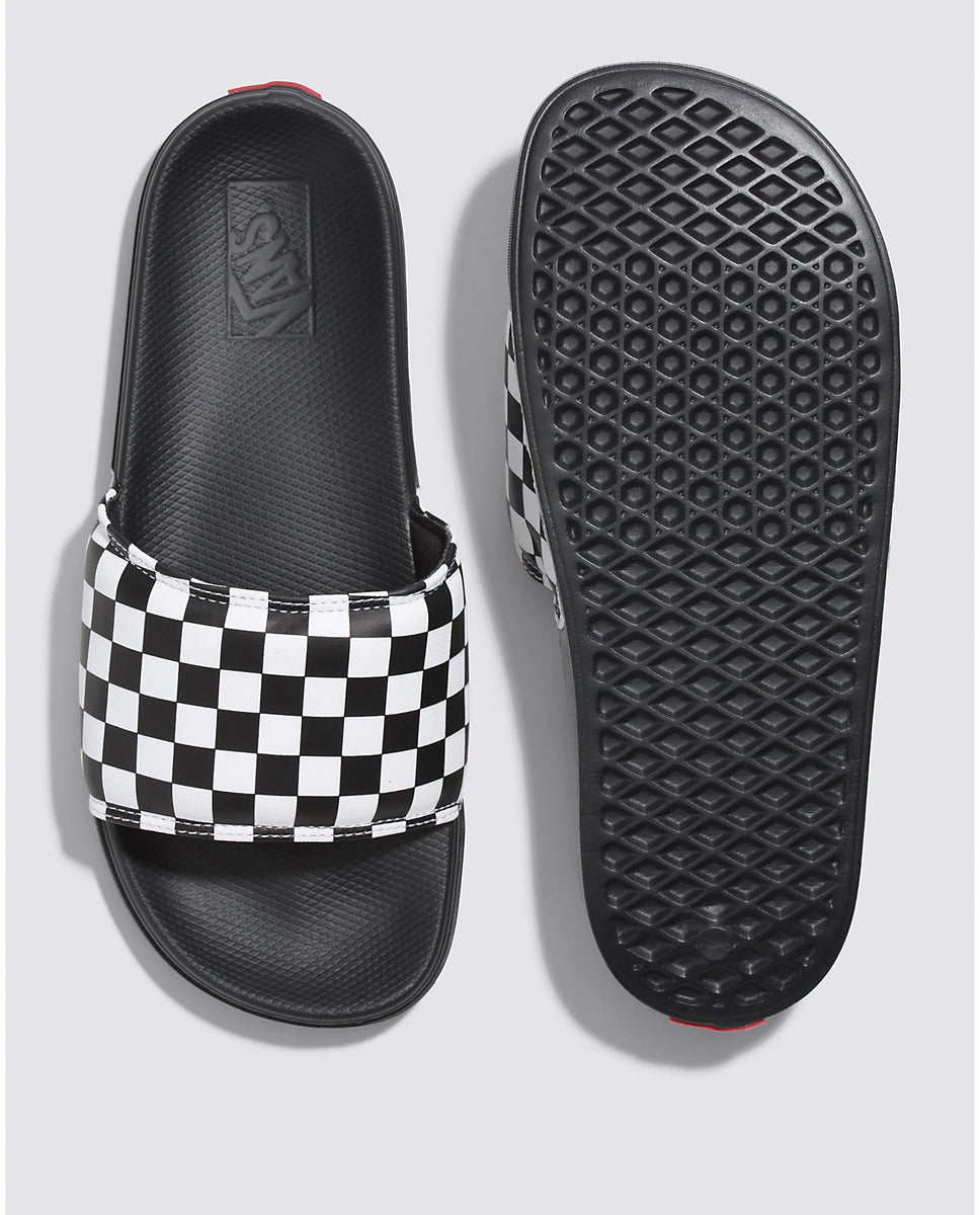 black and white vans slides