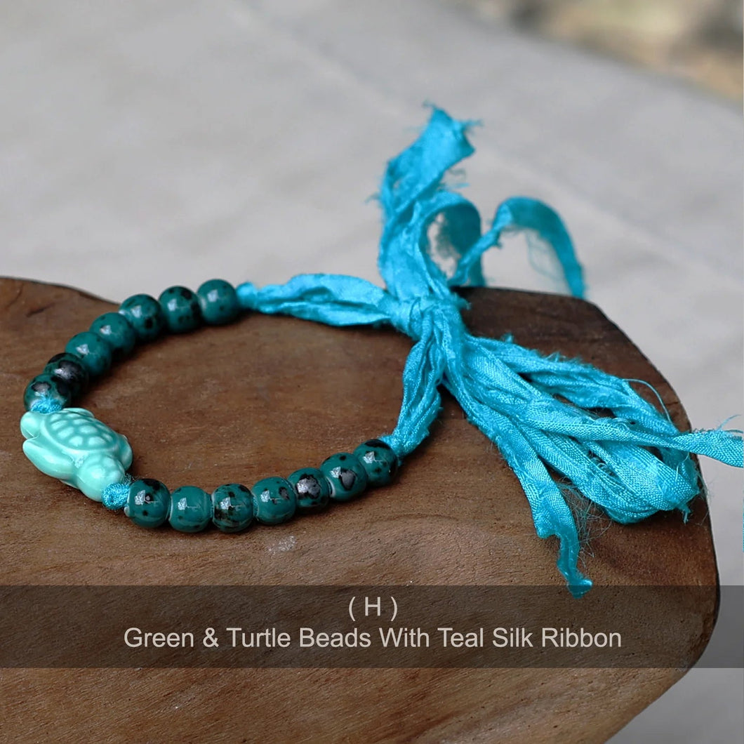 Isla PH Green and Turtle Beads With Teal Silk Ribbon - KS Boardriders Surf Shop