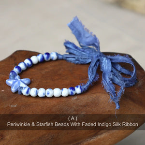 Isla PH Periwinkle & Starfish Beads With Faded Indigo Silk Ribbon - KS Boardriders Surf Shop