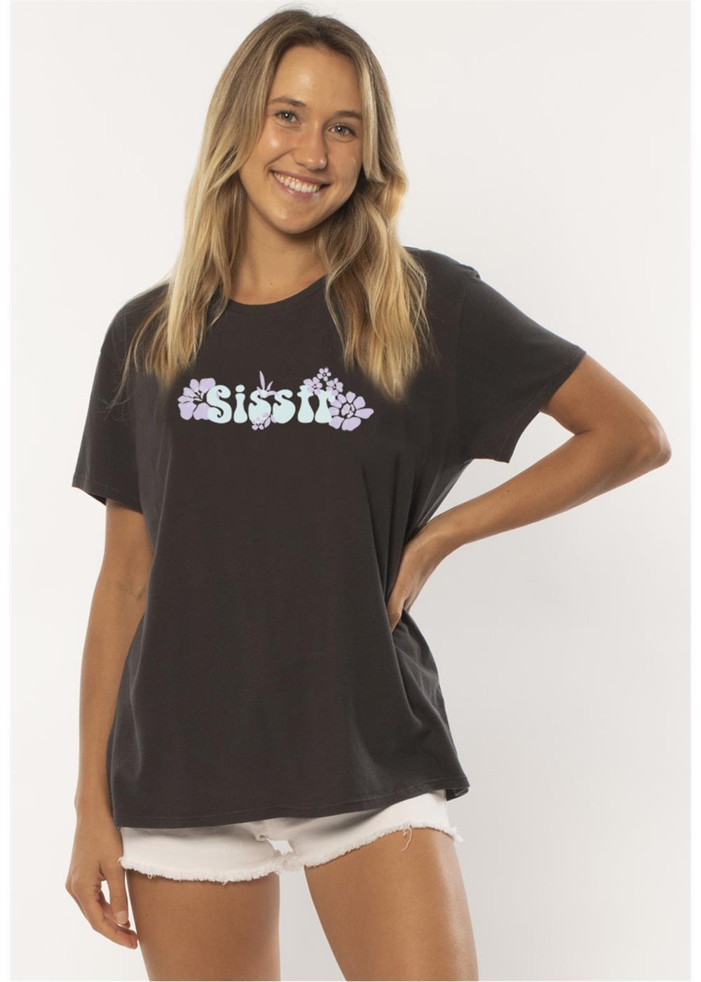 Sisstr Hibiscus Heaven SS Boyfriend Tee (Charcoal) - KS Boardriders Surf Shop